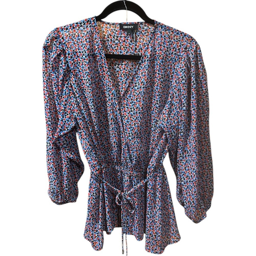 DKNY Wrap Front Puff Sleeve Blouse Size M